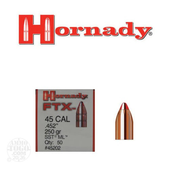 50pcs - 45 Cal .452" Dia Hornady 250gr. SST - ML Polymer Tip Bullets