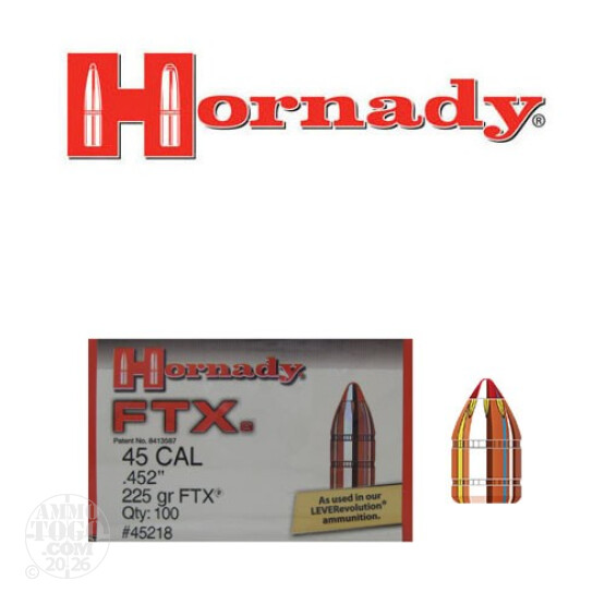 100pcs - 45 Cal .452" Dia Hornady 225gr. FTX Polymer Tip Bullets