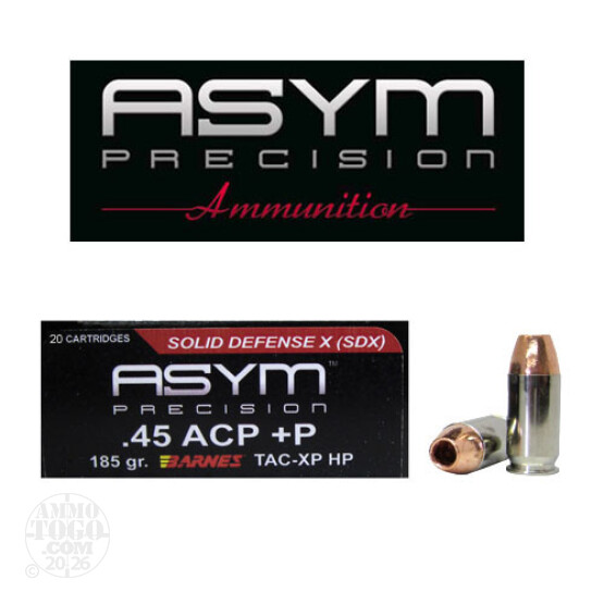 20rds - 45 ACP ASYM Solid Defense-X 185gr. +P Barnes TAC-XP HP Ammo