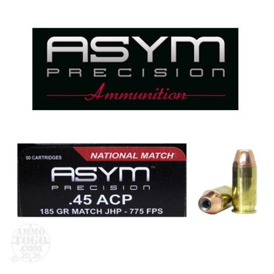 50rds - 45 ACP ASYM National Match 185gr. JHP Ammo