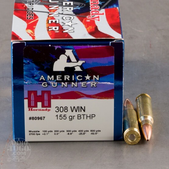 50rds – 308 Win Hornady American Gunner 155gr. HPBT Ammo