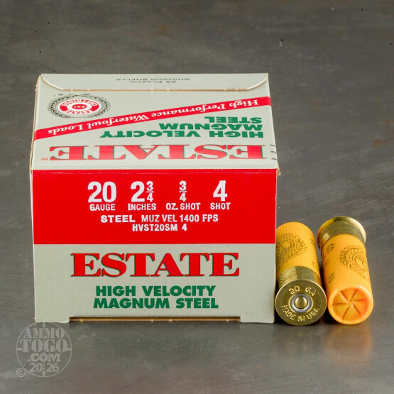 250rds - 20 Gauge Estate HV 2 3/4" 3/4oz. #4 Shot Steel Ammo