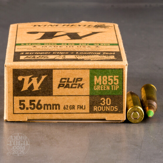 30rds – 5.56x45 Winchester 62gr. FMJ M855 Ammo on Stripper Clips With Loader