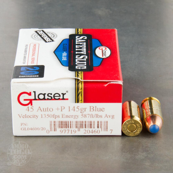 20rds - 45 ACP Glaser Blue Safety Slug 145gr. +P Ammo
