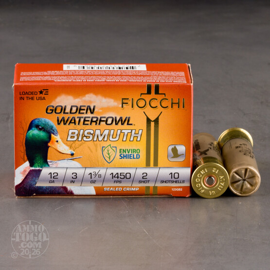 10rds – 12 Gauge Fiocchi Golden Waterfowl 3" 1-3/8oz. #2 Bismuth Shot Ammo