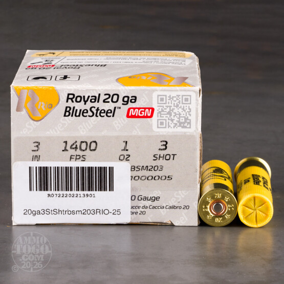 25rds - 20 Gauge Rio Royal BlueSteel 3" Max Dram 1oz. #3 Steel Shot Ammo