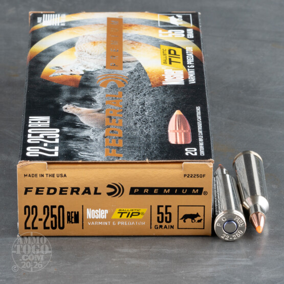 20rds – 22-250 Federal V-Shok 55gr. Nosler Ballistic Tip Ammo