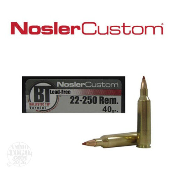20rds - 22-250 Nosler Trophy Grade Varmint 40gr. Ballistic Tip Lead Free Ammo