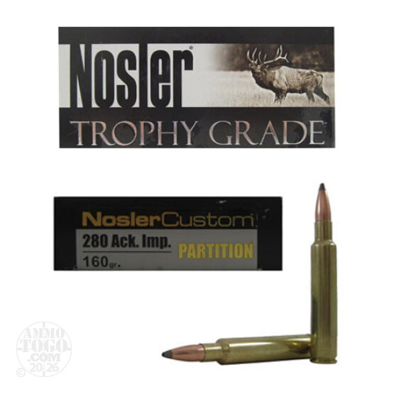 20rds – 280 Ackley Improved Nosler Trophy Grade 160gr. Partition Ammo