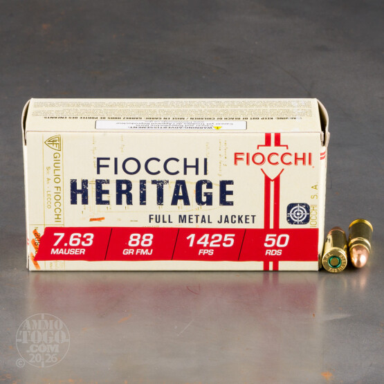 50rds - 7.63 Mauser Fiocchi 88gr. FMJ Ammo