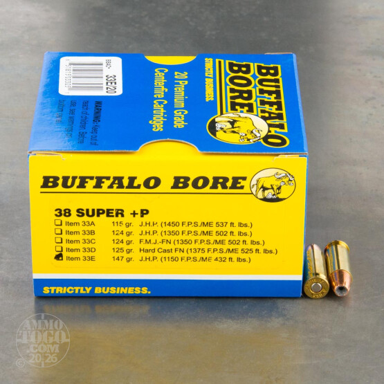 20rds - 38 Super Auto Buffalo Bore 147gr. +P JHP Ammo