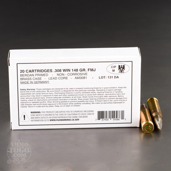 20rds – 308 Win German Military Surplus 148gr. FMJ Ammo **Minor Corrosion**