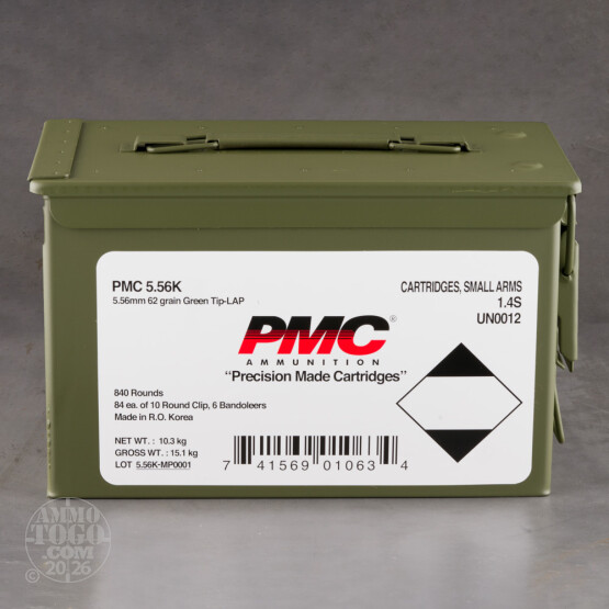 840rds – 5.56x45 PMC X-TAC 62gr. FMJ M855 Ammo Bandolier in Ammo Can