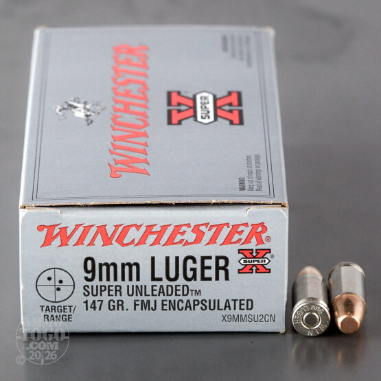 50rds - 9mm Winchester Super-X 147gr Super Unleaded (Nickel Case) FMJ Ammo