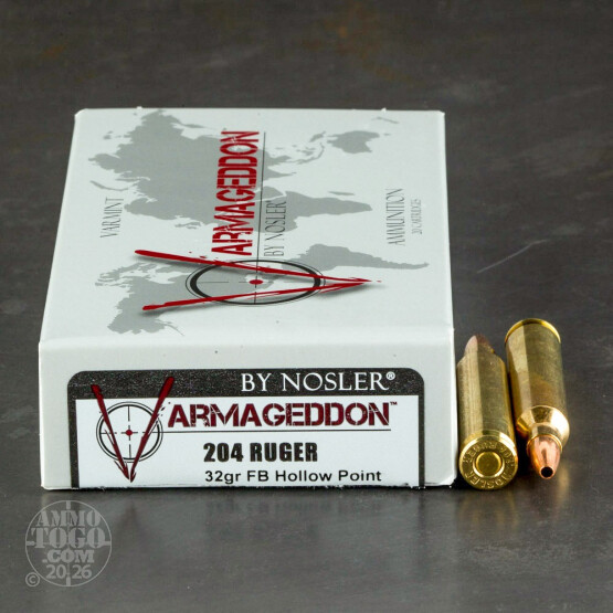 20rds - 204 Ruger Nosler Varmageddon 32gr. Flat Base Hollow Point Ammo