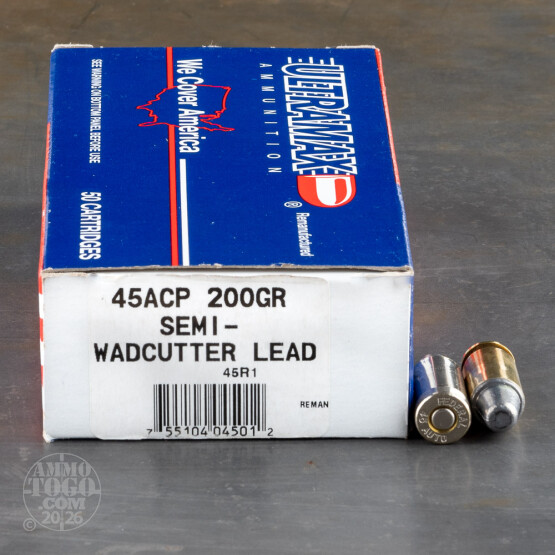50rds – 45 ACP Ultramax Remanufactured 200gr. SWC Ammo
