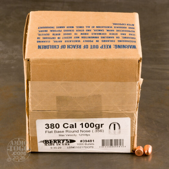 1000pcs - 380 Auto .356" Dia Berry’s 100gr. Plated RN Bullets