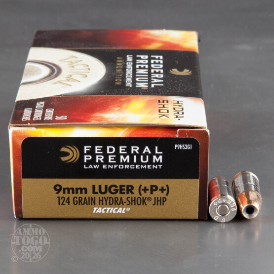 1000rds - 9mm +P+ Federal Law Enforcement Hydra-Shok 124gr. JHP Ammo