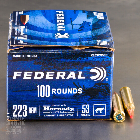 100rds – 223 Rem Federal Varmint & Predator 53gr. V-MAX Ammo