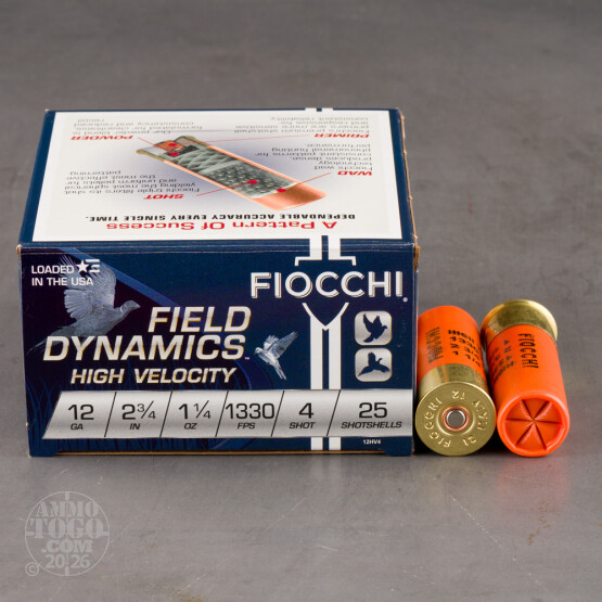 25rds – 12 Gauge Fiocchi 2-3/4" 1-1/4oz. #4 Shot Ammo