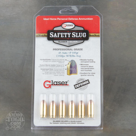 6rds - 45 ACP Glaser Silver Safety Slug 145gr. +P Ammo