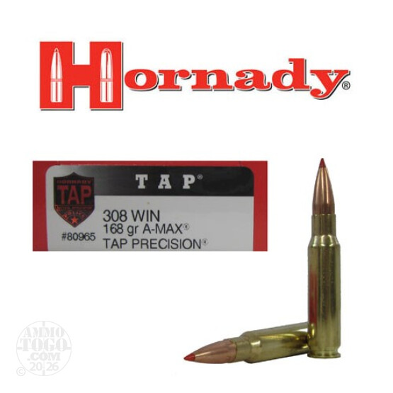 200rds - .308 Hornady LE A-MAX Match TAP 168gr. Ammo
