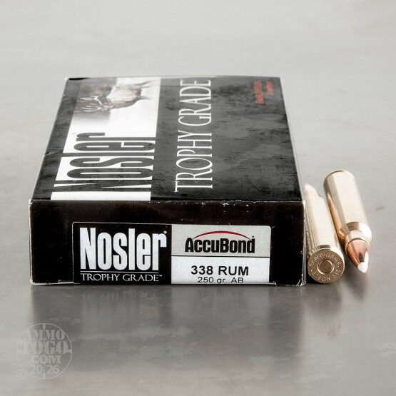 20rds - 338 RUM Nosler Trophy Grade 250gr. Accubond Polymer Tip Ammo