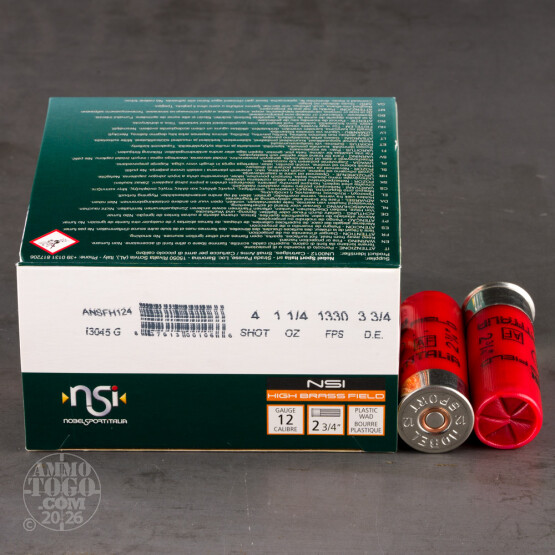 25rds – 12 Gauge NobelSport High Brass Field 2-3/4" 1-1/4oz. #4 Shot Ammo