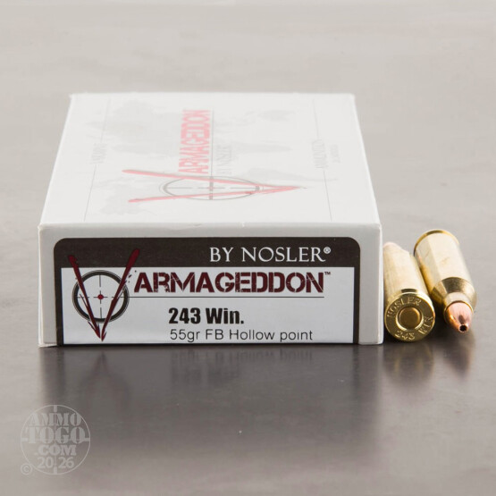 20rds - 243 Win Nosler Varmageddon 55gr. Flat Base Hollow Point Ammo