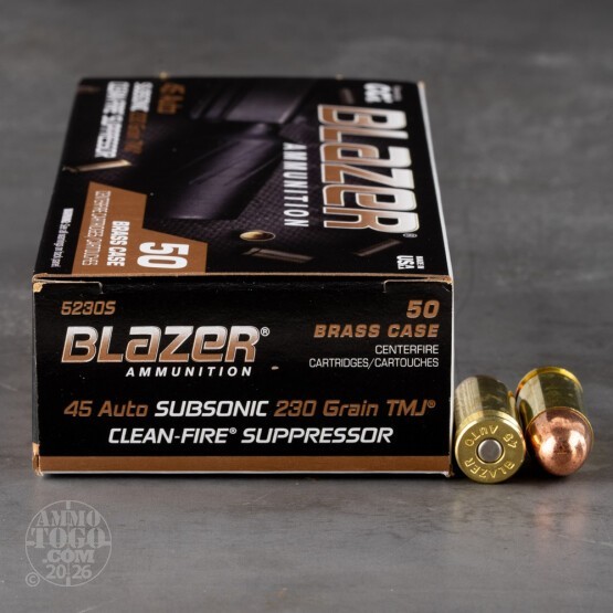 50rds – 45 ACP Blazer Brass Clean-Fire Suppressor 230gr. TMJ Ammo