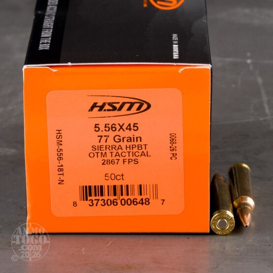 20rds – 5.56x45 HSM Match 77gr. HPBT MatchKing w/Cannelure Ammo