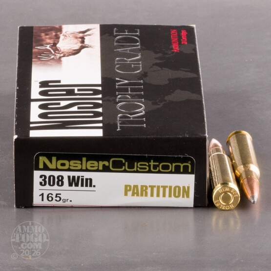 20rds - 308 Win. Nosler Trophy Grade 165gr. Partition SP Ammo
