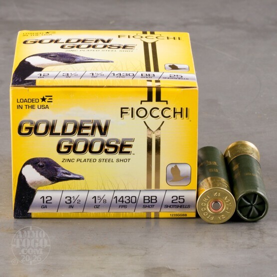 25rds – 12 Gauge Fiocchi Golden Goose 3-1/2" 1-5/8oz. BB Steel Shot Ammo