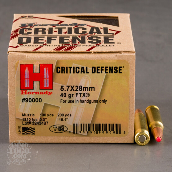 25rds – 5.7x28mm Hornady Critical Defense 40gr. JHP Ammo