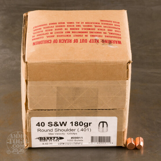 1000pcs - 40 S&W / 10mm  .401" Dia Berry's 180gr. Plated Round Shoulder FP Bullets