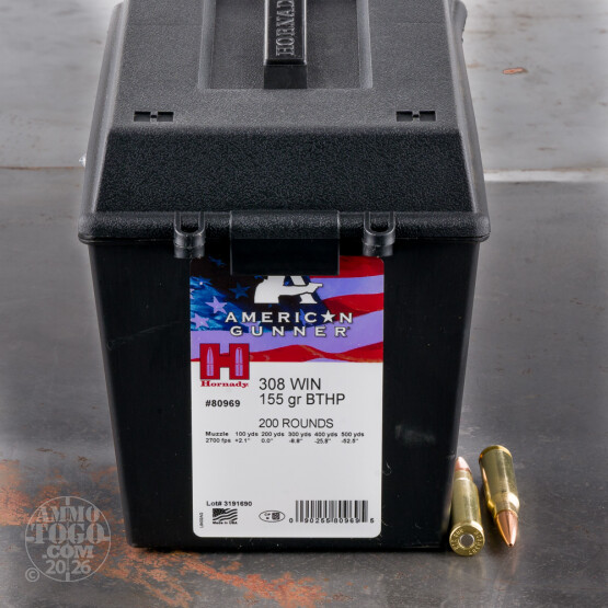 200rds – 308 Win Hornady American Gunner 155gr. BTHP Ammo in Field Box