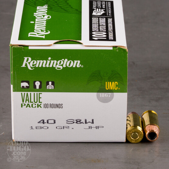 100rds - 40 S&W Remington UMC 180gr. JHP Ammo