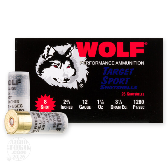 250rds – 12 Gauge Wolf Target Sport 2-3/4" 1-1/8oz. #8 Shot Ammo