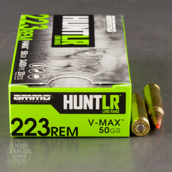 20rds – 223 Rem Ammo Inc. Hunt LR 50gr. V-MAX Ammo