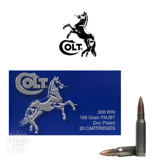 100rds - .308 Win Colt 168gr. FMJ-BT Zinc Plated Ammo