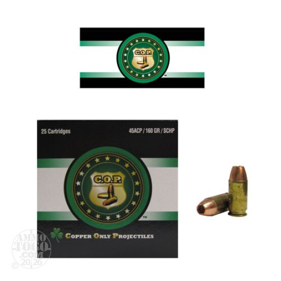 25rds - 45 ACP Rare Ammo COP 160gr. SCHP Ammo
