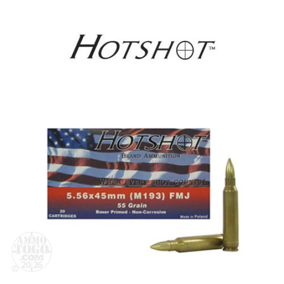 20rds - 5.56x45 Hotshot Ammunition M193 55gr. FMJ Ammo