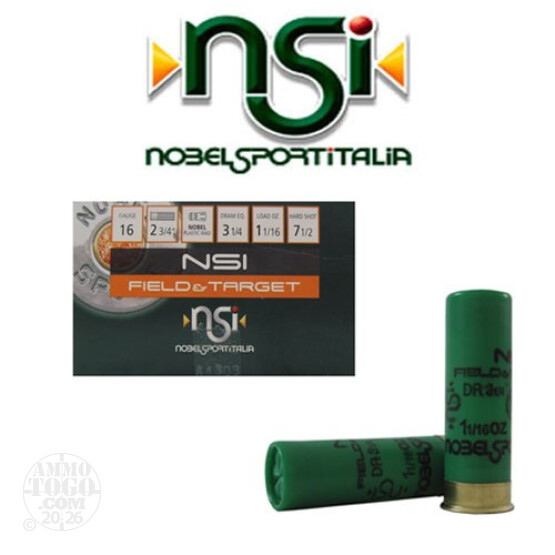 250rds - 16 Gauge NSI Field & Target 2 3/4" 3 1/4 Dram 1 1/16oz. #7 1/2 Shot Ammo