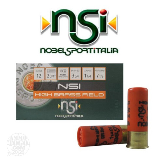 25rds - 12 Gauge NSI High Brass Field 2 3/4" 3 3/4 Dram 1 1/4oz. #7 1/2 Shot Ammo
