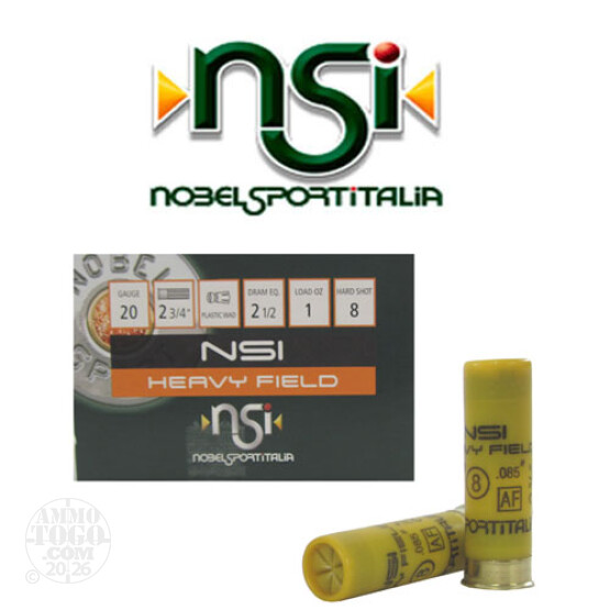 250rds - 20 Gauge NSI Heavy Field 2 3/4" 2 1/2 Dram 1oz. #8 Shot Ammo.
