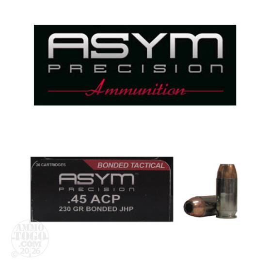 20rds - 45 ACP ASYM 230gr. Tactical Bonded JHP Ammo