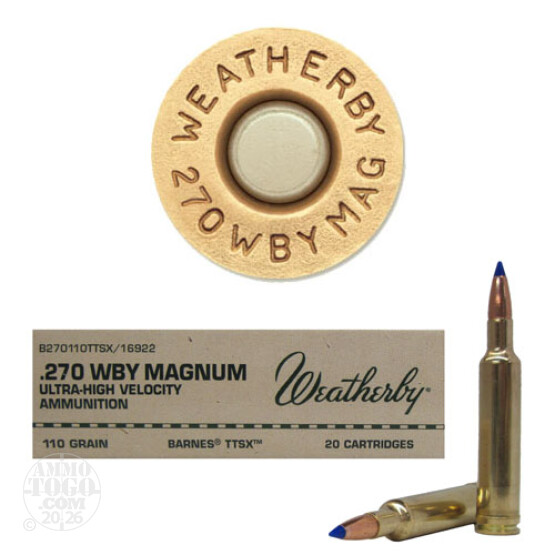 20rds - 270 Weatherby Mag. 110gr. Barnes TTSX Ammo