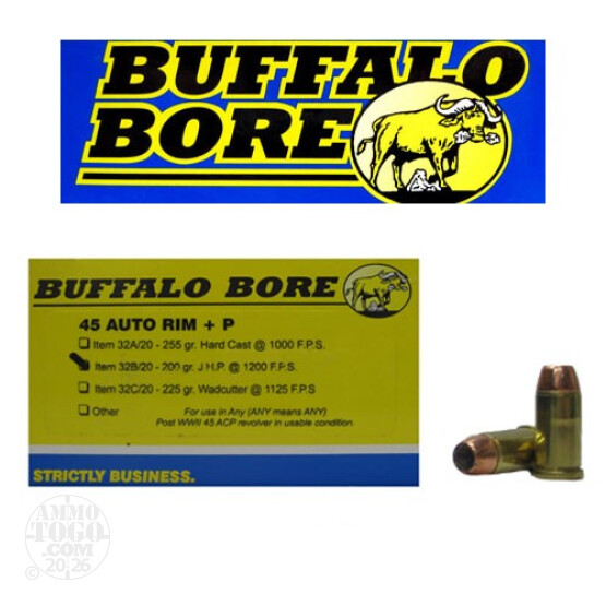 20rds - 45 Auto Rim Buffalo Bore 200gr. +P JHP Ammo