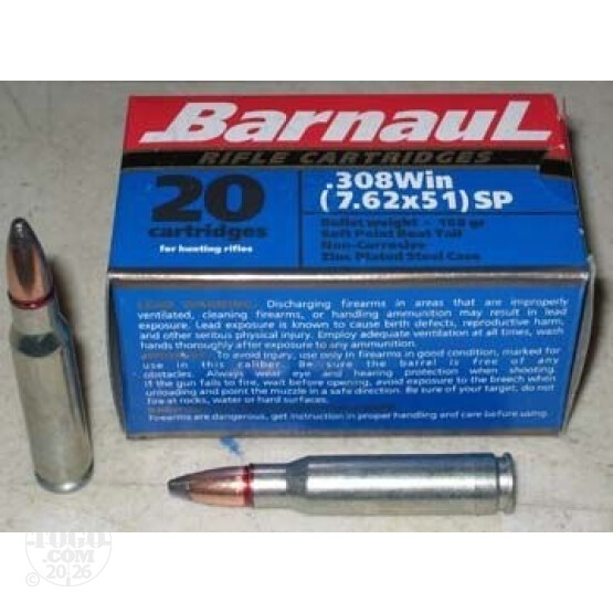 100rds - .308 Barnaul 168gr. Soft Point Ammo
