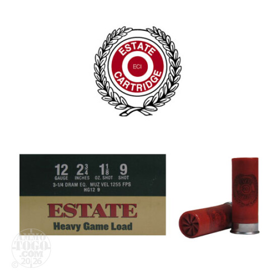 250rds - 12 Gauge Estate 2 3/4" 3 1/4 Dram 1 1/8oz. #9 Shot